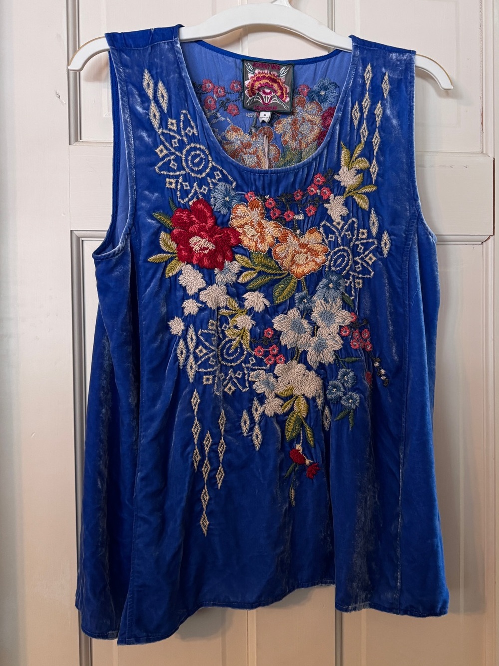 Johnny Was Josephine Royal Blue Velvet Sleeveless Top with Embroidery